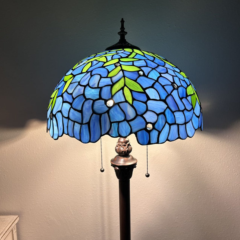 Gammage Floor Lamp Stained Glass Green Leaves Metal Base LED Bulbs Included 16"W*16"D*64"H, Blue/Green