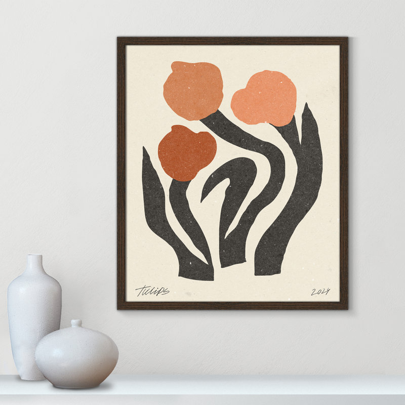 Imprimé de fleurs modernes par NKTN, Grain de bois noyer, 21.5'' W x 25.5'' H, Impression encadrée