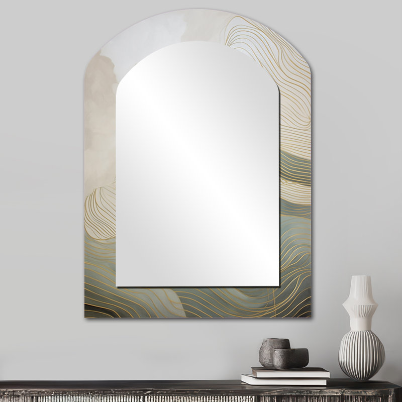 Or et gris Linear Expressions III - grand miroir arqué, dessin de miroir mural asymétrique moderne, impression sur métal