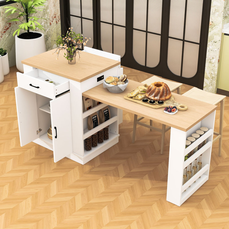 Élégant îlot de cuisine avec comptoir extensible, prises de courant, rangement spacieux et tablettes ouvertes, Blanc