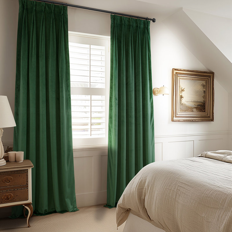 French Pleat Heritage Plush Velvet Room Darkening Single Curtain Panel, Eden Green, 25" W x 96" L