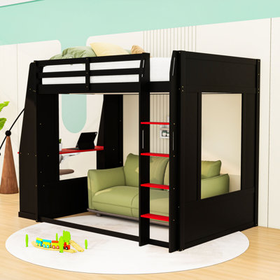 Queen Over Queen Wooden Bunk Bed with Light Strip, Desk and USB Port