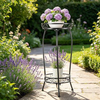27.2-Inch Double-Layer Black Wrought Iron Plant Stand, Rust-Proof, Sturdy, And With Strong Load-Bearing Capacity; Suitable For Both Indoor And Outdoor Use With Multiple Potted Plants.