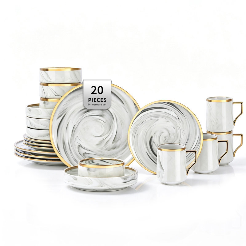 Service de table HomeVSS en porcelaine fine marbrée artisanale avec bordure dorée, 20 pièces pour 4 personnes