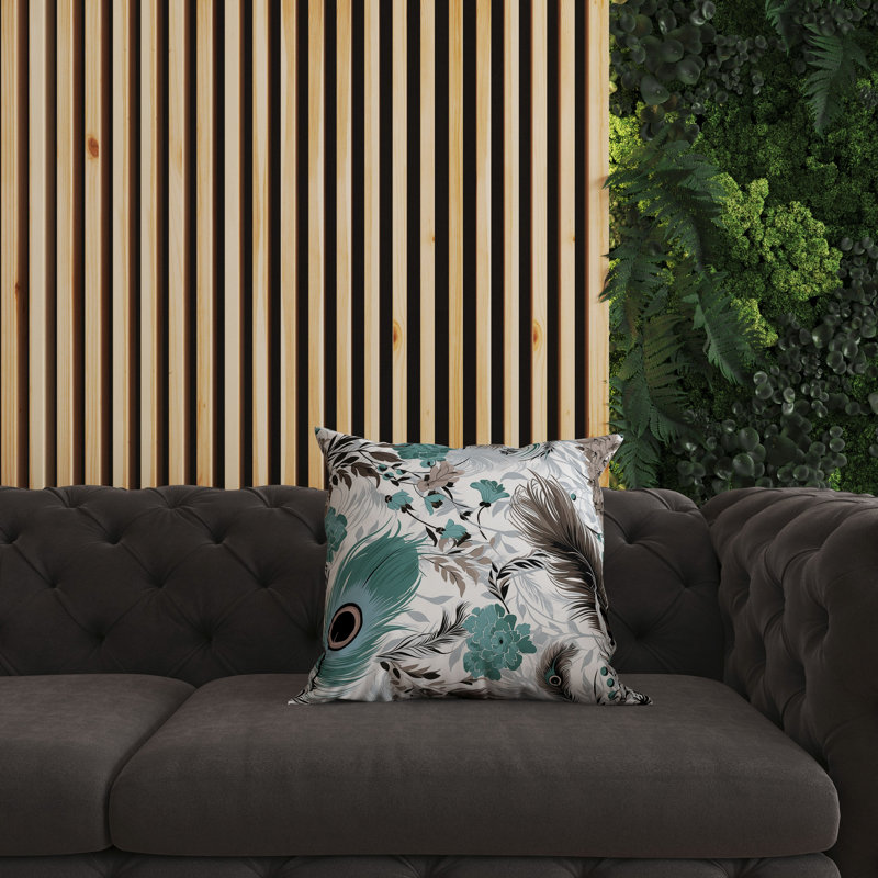 Coussin en faux suède à plumes Opus, H 16 po x l 16 po, Brun / fleurs vertes