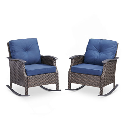 Ensemble de 2 chaises d'extérieur en osier coulissant avec coussins bleus pour véranda ou jardin