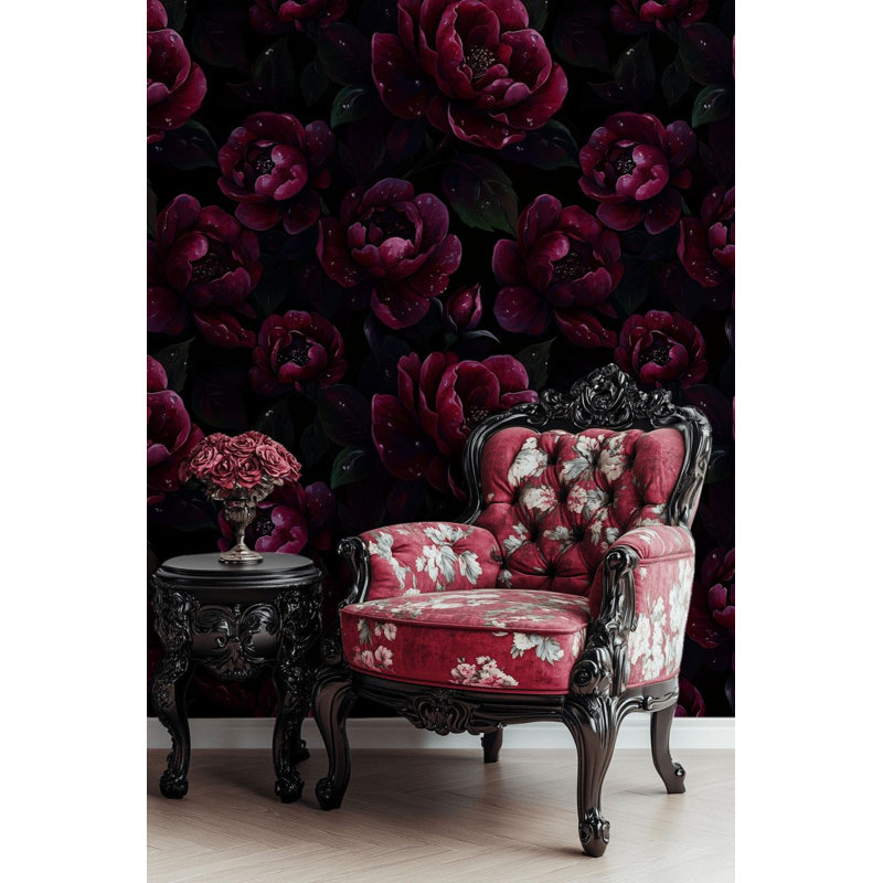 Décoration murale audacieuse à motif floral de pivoines bourgogne foncé