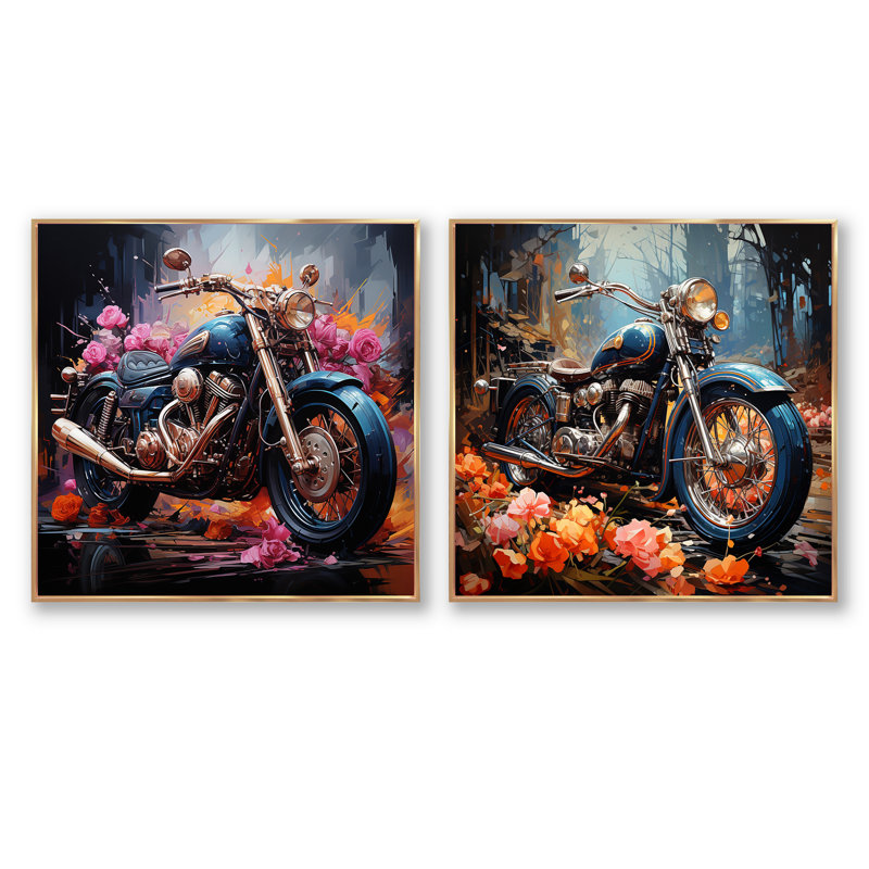 Expressionist Motor Adventure - Ensemble de 2 motos carrées, H 16 po x l 33 po, Cadre flottant doré