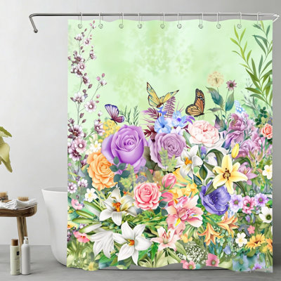 Lush Floral Garden Bath Curtain with Hooks 72 x 72 Inch (180x180 cm), Green