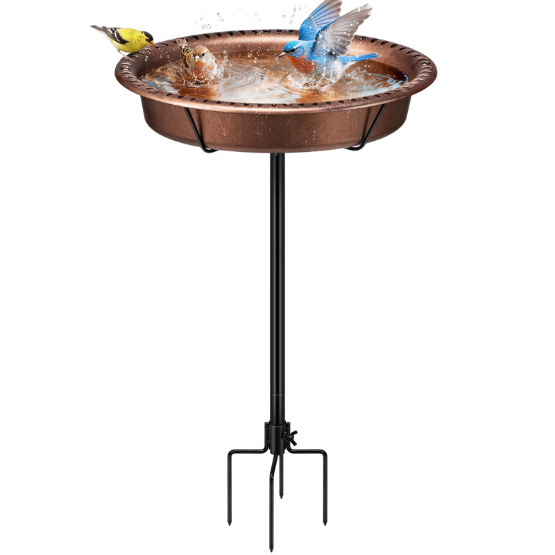 Redwan Oval Polyresin Bird Bath Bowl with Metal Stake , Brown