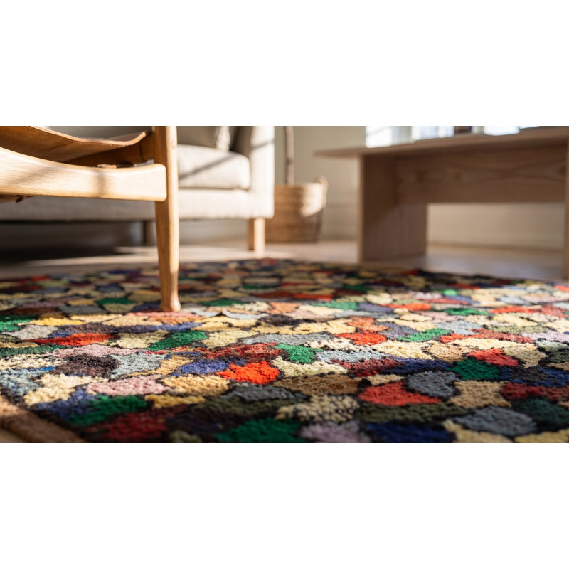Colorful Antique Square American Folk Art Crazy Quilt Pattern Hooked Rug