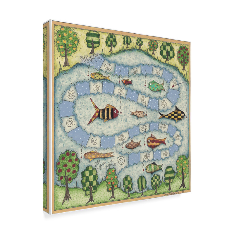 Colorful Fish Over Lake Pattern Modern Wood Framed Canvas Art