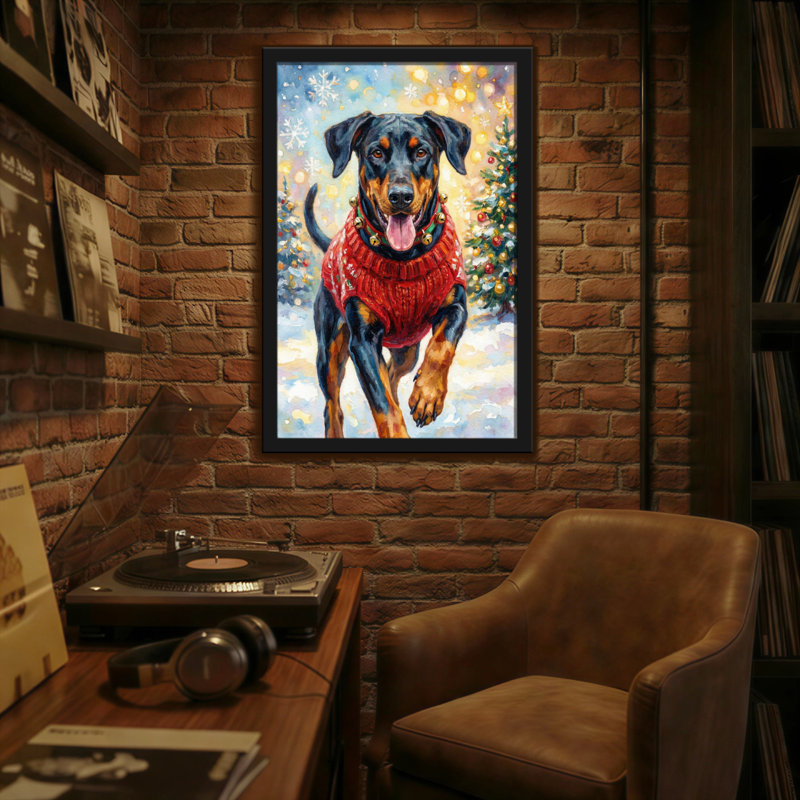 Animaux, chien, chandail rouge, scène de Noël, H 18 po x l 12 po