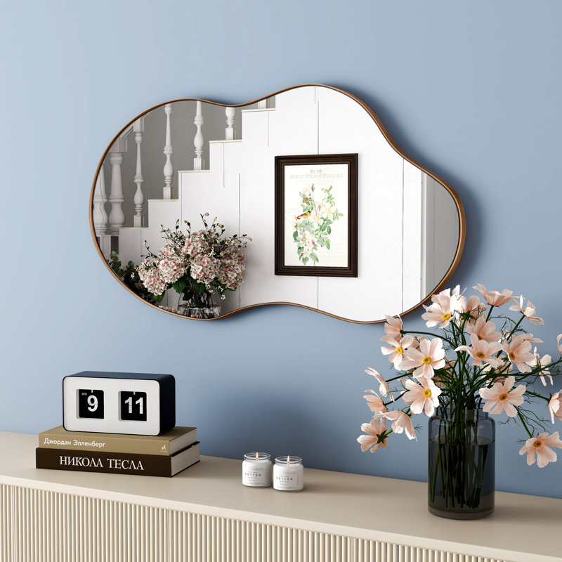 Ashane Asymmetrical Wall Mirror Metal Frame, Antique Brass, 36.4" x 20"