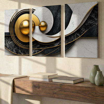 3 Pieces Exculisive Black White and Gold Wave Relief Large Wall Art Luxe Panorama, Modern Canvas Decor for Living Room, Bedroom, Office and Home