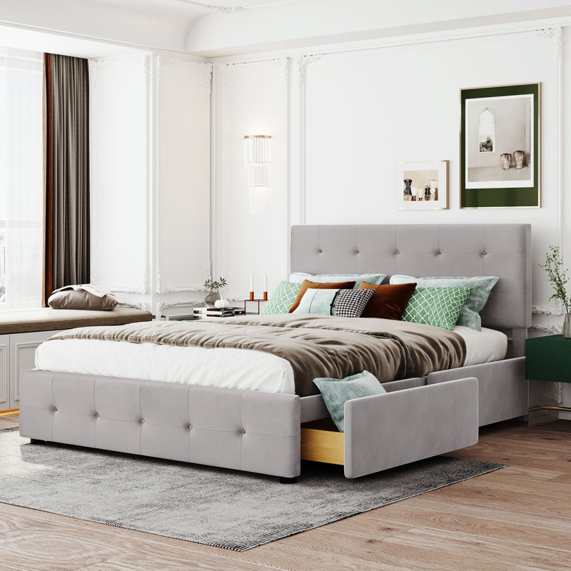 Yvoire Upholstered Storage Bed, Grey, European Double (140 x 200cm)