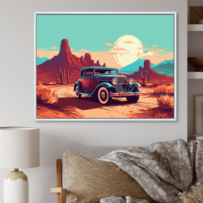" Old American Car in Nevada V " Mixed Media and Color Photography Print, 34" H x 44" W x 1.5" D, White Floater Framed