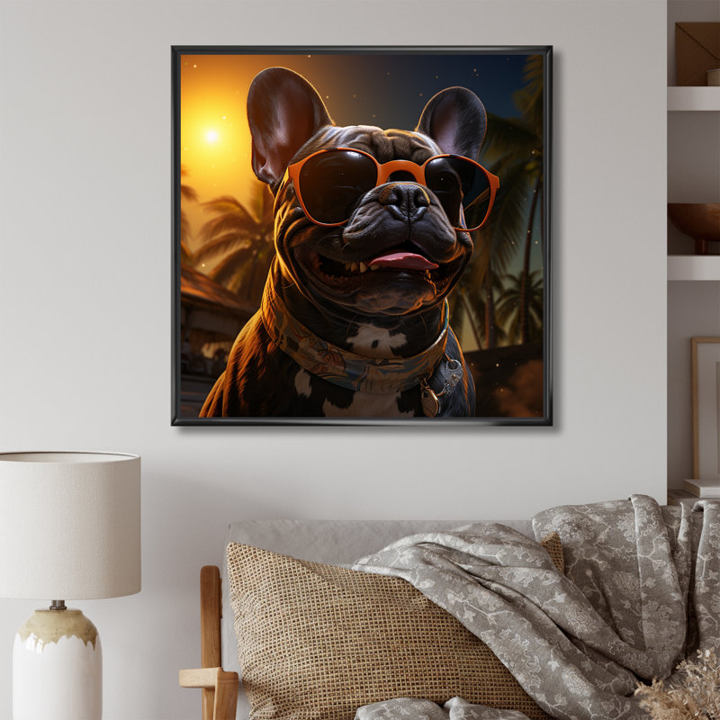 Mignon bouledogue français à Miami II - chien, art mural, Cadre flottant noir, H 36 po x l 36 po x P 1,5 po