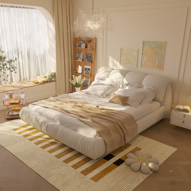 Everly Quinn Upholstered Platform Bed with Fabric Padded Headboard and Pine Wood Base Slats, No Box Spring Needed, King