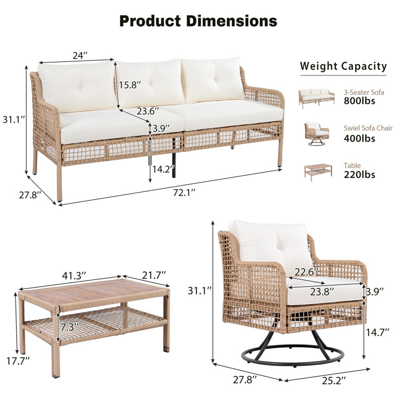 Ensemble de conversation pour 5 personnes avec chaises longues pivotantes, Beige