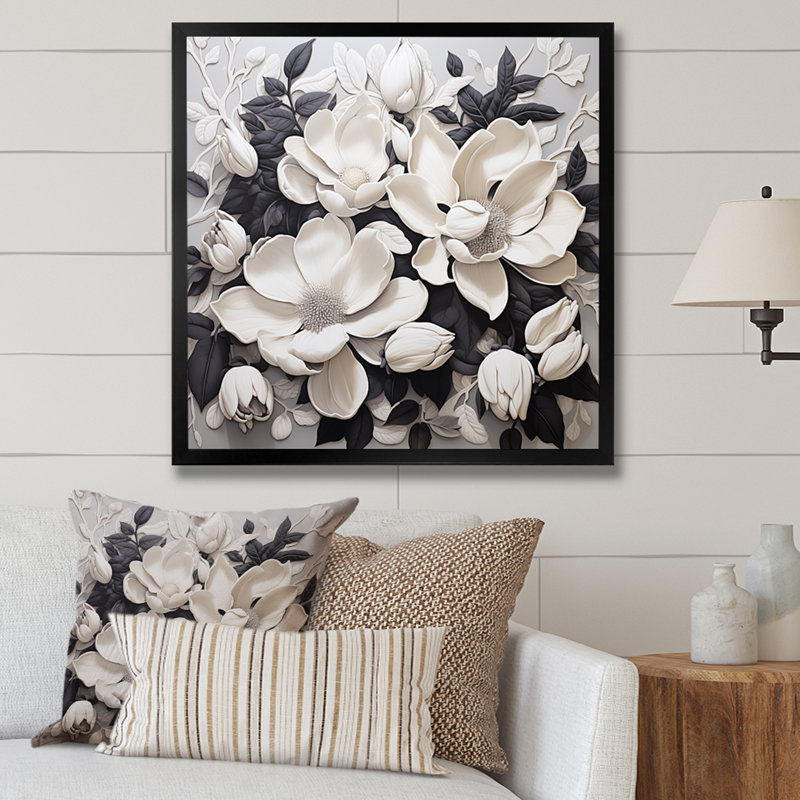 Tapisserie blanche et grise de magnolias sur toile, Cadre simple noir, H 16 po x l 16 po x P 1 po