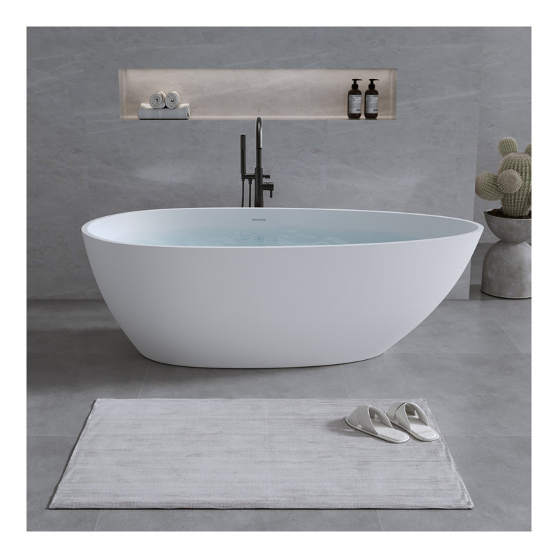Solid Surface Matte Tub, Freestanding Solid Surface Resin Stone Bathtub, Solid Surface Matte White Soaking Tub,Free Standing Tub with Overflow and Pop-up Drain, Matte White