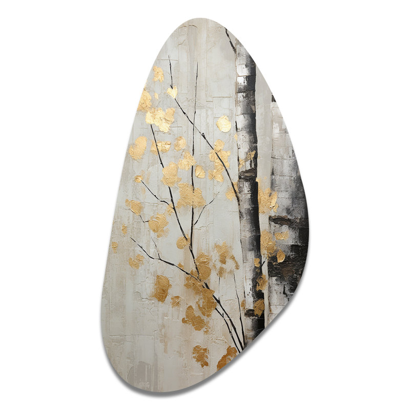 Tree Whispers Of Grey and Gold - Arbre monochrome en forme d'automne, art mural en métal asymétrique