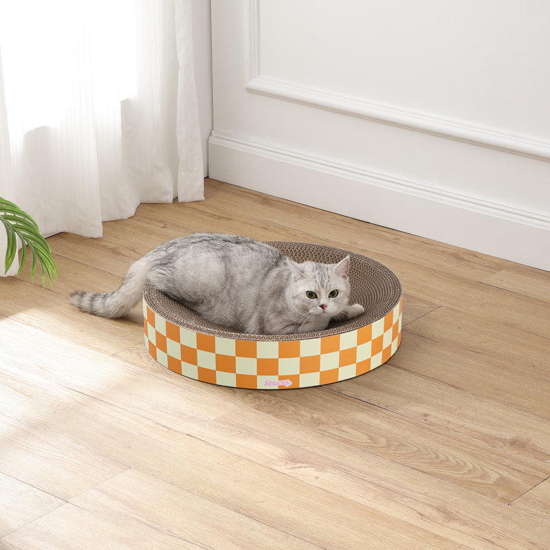 Nelson 20.13" Modern Cardboard Round Bowl Cat Scratcher with Catnip, Orange/Light Yellow
