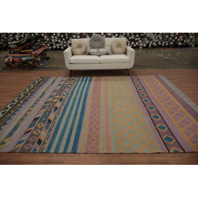 Multi-Stripe Kilim Area Rug 8x10 in Soft Pastel Tones