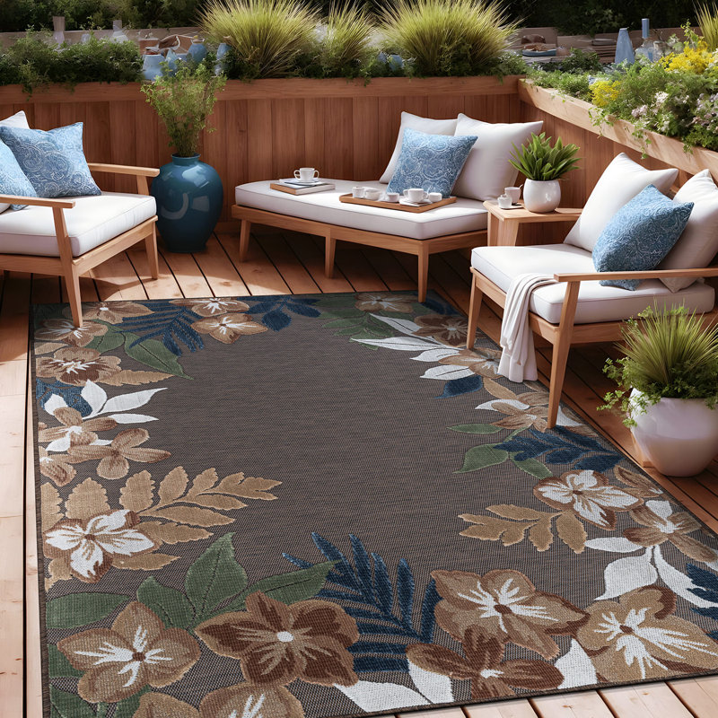 Tapis floral d'intérieur pour l'extérieur, Brown, Rectangle 6' x 9'