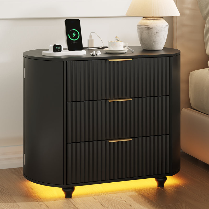 Mid Century 31.5'' W Oval Fluted Nightstand with 3 Drawers, LED Lights and USB & Type-C Port, Brown