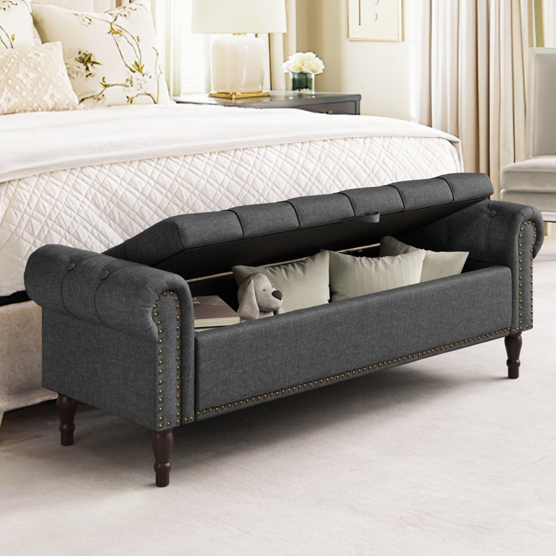 Banc de rangement rembourré Dawsey, H 19,6 po x l 50,7 po x P 17,1 po, Lin gris foncé