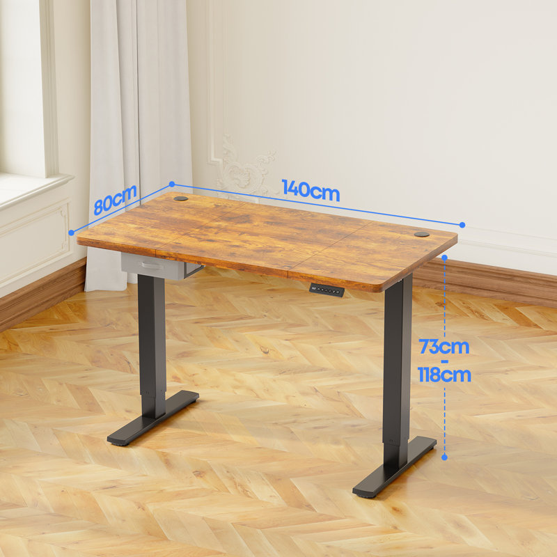 Electric Standing Desk Wide Desktop Height Adjustable Standing Desk With Drawer&Hooks, Brown, Black, 118" H x 140" W x 80" D