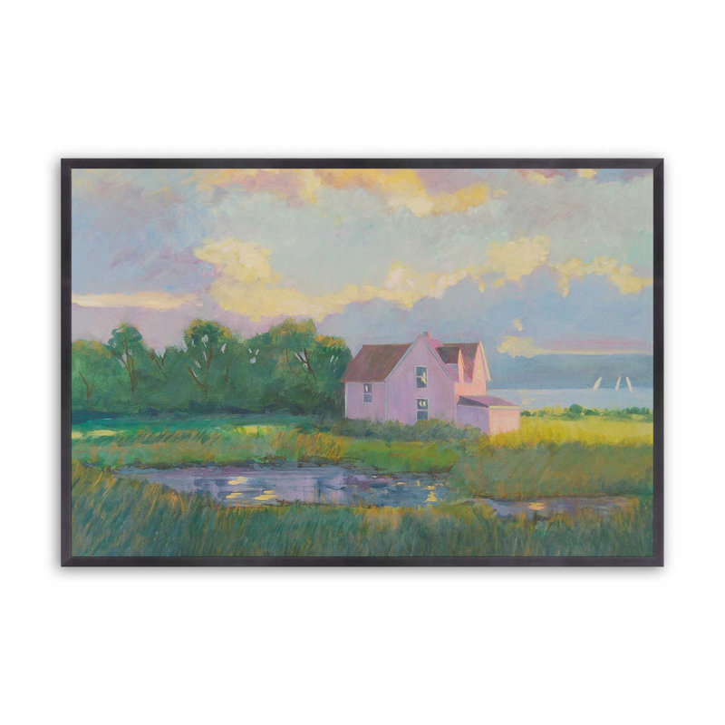 Pink Cottage Twilight Print, 12.25" H x 15.25" W, Open Corner Framed, Weathered Zinc