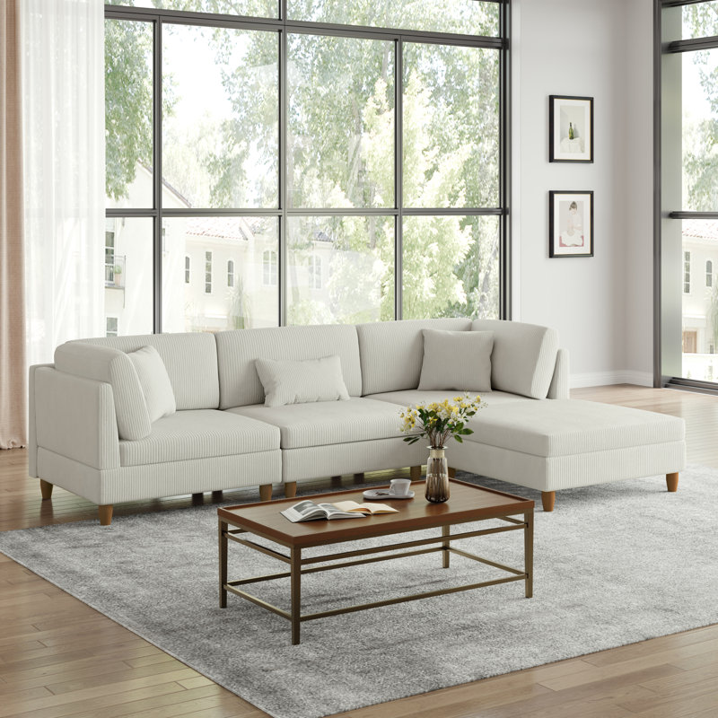Seemab 4 - Piece Upholstered Sea Salt Gray Corduroy Modular Sectional with Pillow Back and Removable Ottoman
