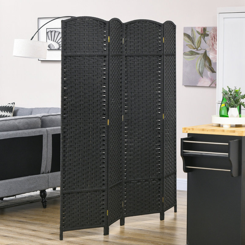 Paravent 4 panneaux, paravent de 5,6 pi de hauteur. Noir avec touche tissée à la main élégante et charmant plateau arqué pour la maison. Chambre polyvalente, bureau. Structure en bois, sangles en polypropylène.
