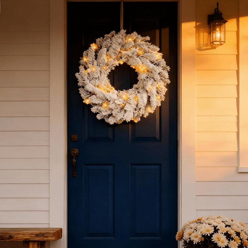Couronne de Noël - vert et blanc - neige artificielle floquée avec lumières pré-éclairées, porte d'entrée des Fêtes et décor extérieur