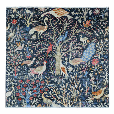 Tapis oriental carré 6 pi x 6 pi Peshawar afghan avec des oiseaux du paradis, tissé à la main, laine douce, teinture végétale, tapis oriental