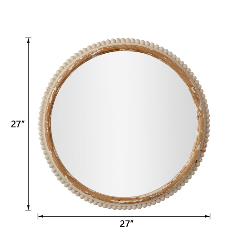 27"×27" Wood Framed Vintage White Finish Round Wall Mounted Mirror With Beaded Detailing For Living Room&Bedroom, 27*27