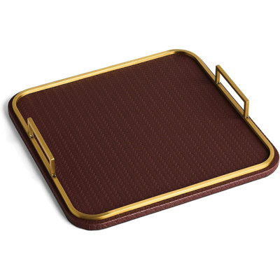 Vegan Leather Decorative Tray With Woven Texture And Brushed Brass Handles, Serving Tray For Dresser, Coffee Table, And Home Decor