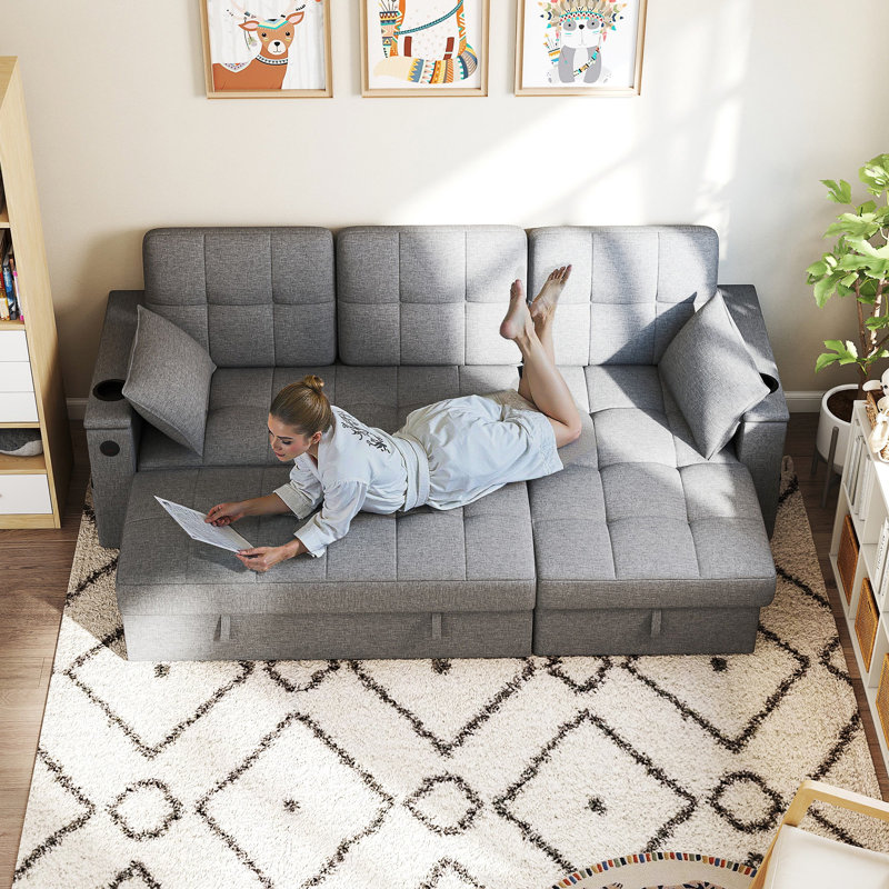 Canapé-lit, canapé-lit escamotable avec USB-A + C, rangement pour chaise longue