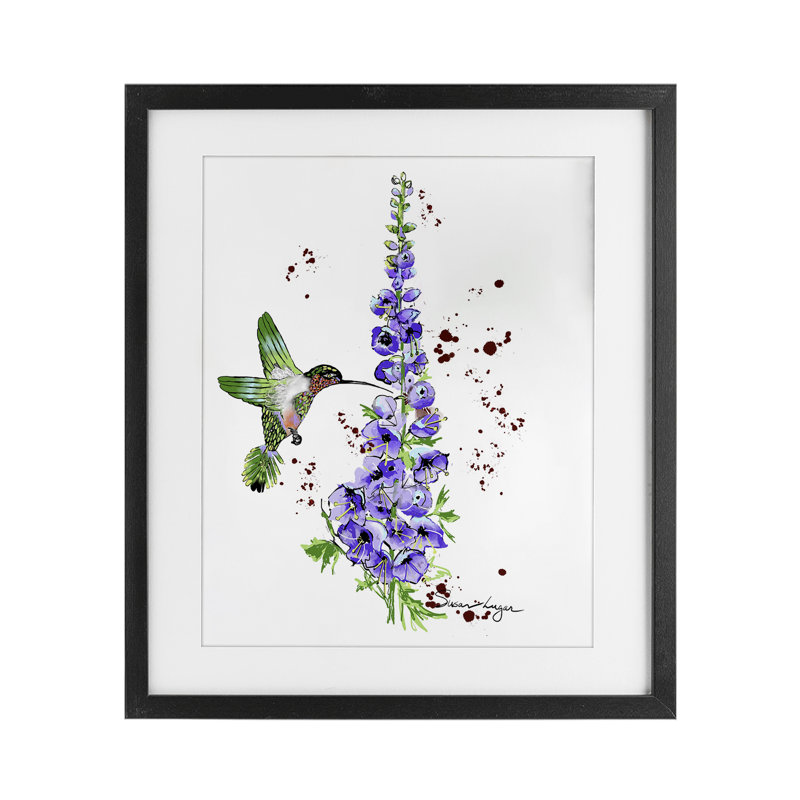 Delphiniums and Hummingbird, reproduction encadrée sous verre, design par Susan Lugar, Cadre noir minuit, H 16 po x l 13 po