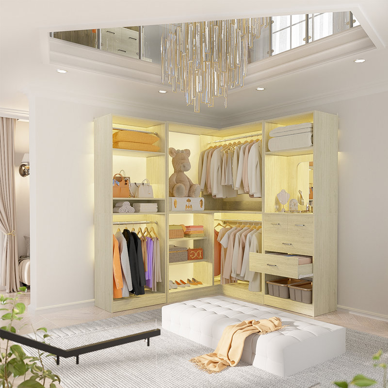 86" L x 36" W x 80" H Corner Closet System, Freestanding Closet Organizer, Washed Oak
