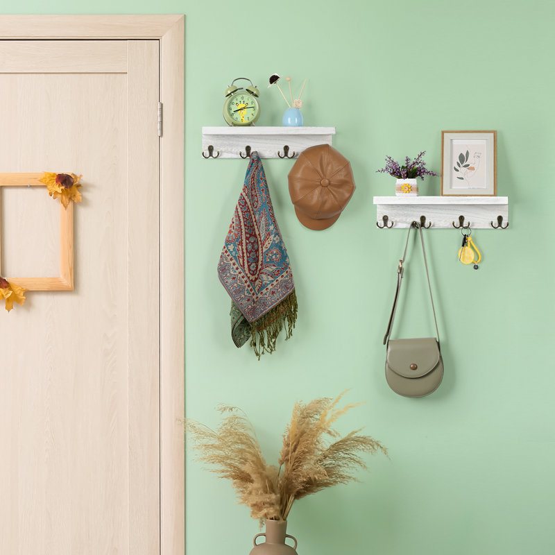 Landess Rustic White Wall Shelf with Hooks