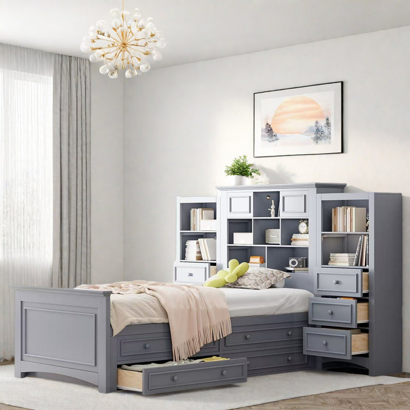 Lit plateforme en bois avec tiroirs et compartiments de rangement, Gris