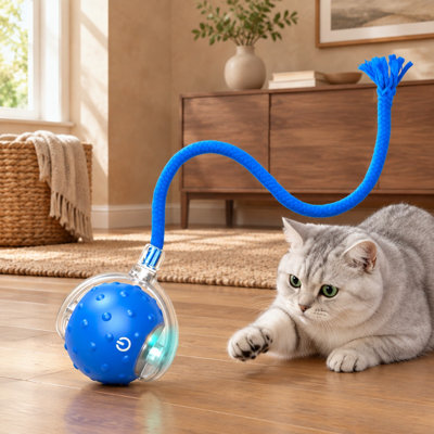 Balle intelligente bleue à déplacement rapide pour chats et chiens avec chant d'oiseaux et roulement automatique à 360°, un jouet de poursuite interactif électrique pour animaux de compagnie