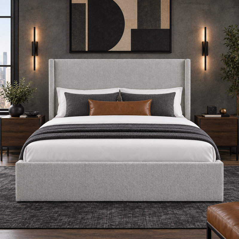 Lit plateforme tapissier avec rangement Wauson, Double, Light Grey