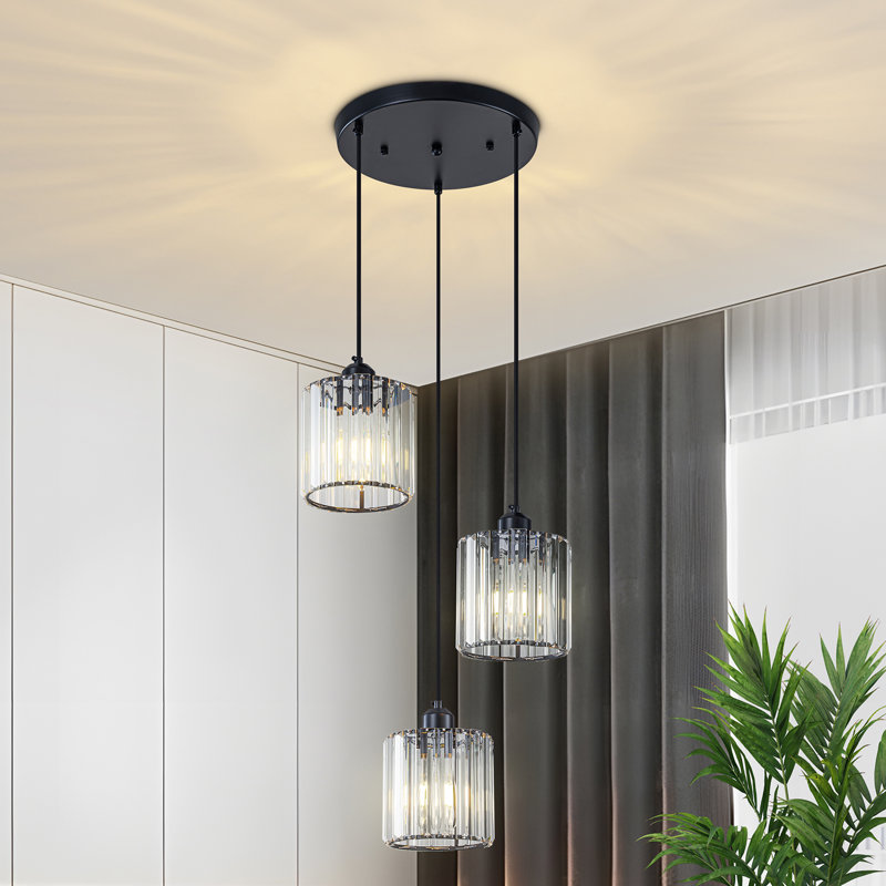 Matte Black 3-Light Clear Crystal Cluster Pendant Light For Kitchen Island