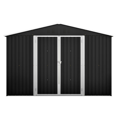 10x10 Ft Metal Outdoor Shed With Lockable Doors. Construction, Galvanized Steel. Spacious Interior. Ventilated, Waterproof. Black. For Lawn & Backyard, Patio Steel Frame. Ventilation Waterproof