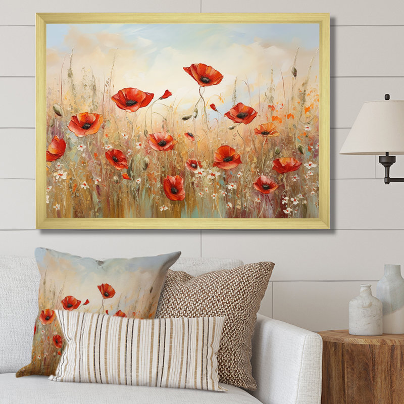 «Red and Golden Poppies Field I» sur toile, Cadre doré simple, H 16 po x l 32 po x P 1 po